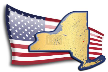 Illustration for Golden map of New York against an American flag. - Royalty Free Image