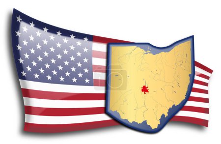 Téléchargez les illustrations : Carte dorée de l'Ohio contre un drapeau américain. - en licence libre de droit