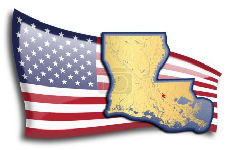 Téléchargez les illustrations : Carte dorée de la Louisiane contre un drapeau américain. - en licence libre de droit