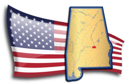 Illustration for Golden map of Alabama against an American flag. - Royalty Free Image