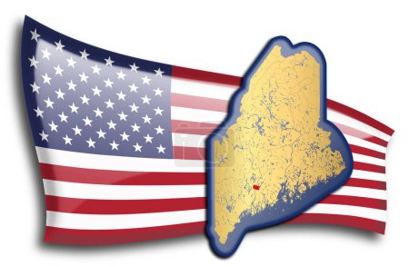Illustration for Golden map of Maine against an American flag. - Royalty Free Image