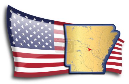 Téléchargez les illustrations : Carte dorée de l'Arkansas contre un drapeau américain. - en licence libre de droit
