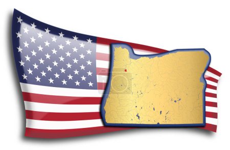 Téléchargez les illustrations : Carte dorée de l'Oregon contre un drapeau américain. - en licence libre de droit