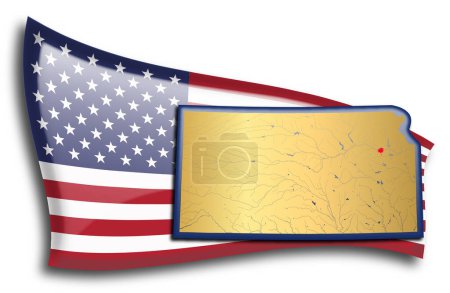 Téléchargez les illustrations : Carte dorée du Kansas contre un drapeau américain. - en licence libre de droit
