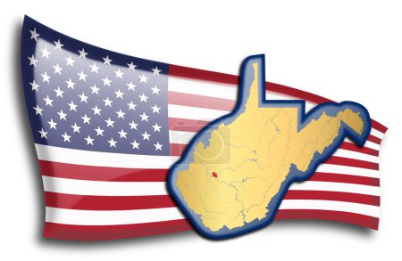 Téléchargez les illustrations : Carte dorée de Virginie-Occidentale contre un drapeau américain. - en licence libre de droit