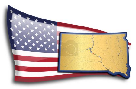 Téléchargez les illustrations : Carte dorée du Dakota du Sud contre un drapeau américain. - en licence libre de droit