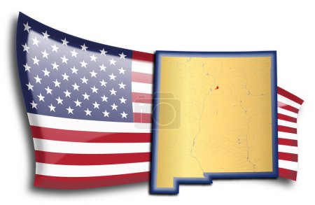 Golden map of New Mexico against an American flag.