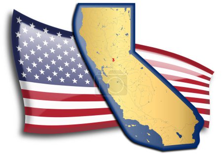 Ilustración de Mapa dorado de Golden State contra una bandera americana. - Imagen libre de derechos