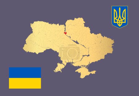 Téléchargez les illustrations : Golden map of Ukraine with rivers and lakes, Coat of arms of Ukraine, and Flag of Ukraine. - en licence libre de droit