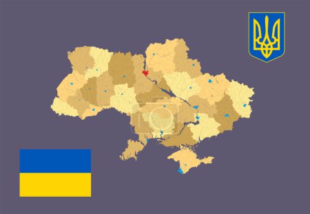 Ilustración de Map of Ukraine with administrative divisions, Coat of arms of Ukraine, and Flag of Ukraine. - Imagen libre de derechos