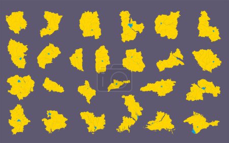 Illustration for Administrative divisions of Ukraine - maps of the regions of Ukraine. Rivers and lakes are shown. - Royalty Free Image