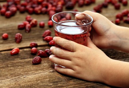 Boy hand holding glass of rosehip tea. Dried rose hips  full of vitamins around on wood table. 