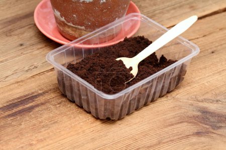 Coffee grounds in a box with spoon as natural organic fertilizer. Organic and cheap way how to manure plants and flowers. 