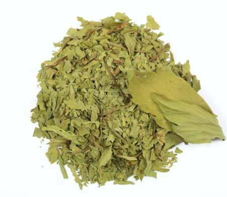 Dried lovage, famous culinary herb, lat. Levisticum officinale. Heap of dried lovage on the white background, flat lay. 
