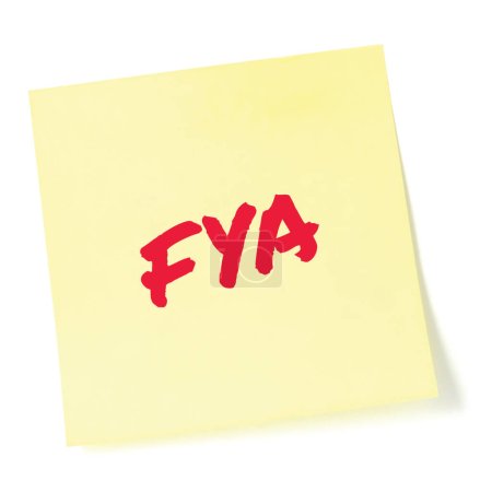 Photo for For your action acronym FYA red marker written business initialism text, corporate information recipient advice report, actionable info forwarding concept, isolated yellow post-it to-do list sticky adhesive note abbreviation sticker macro closeup - Royalty Free Image