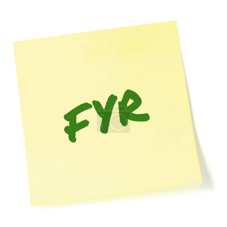 Photo for For your reference acronym FYR green marker written business initialism text, corporate scrutiny information recipient advice report, detailed actionable info forwarding concept isolated yellow post-it to-do list sticky adhesive note abbreviation - Royalty Free Image