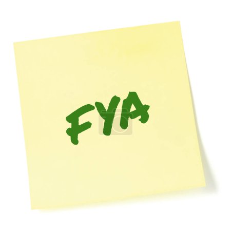 Photo for For your action acronym FYA green marker written business initialism text, corporate information recipient advice report, actionable info forwarding concept isolated yellow post-it to-do list sticky adhesive note abbreviation sticker macro closeup - Royalty Free Image