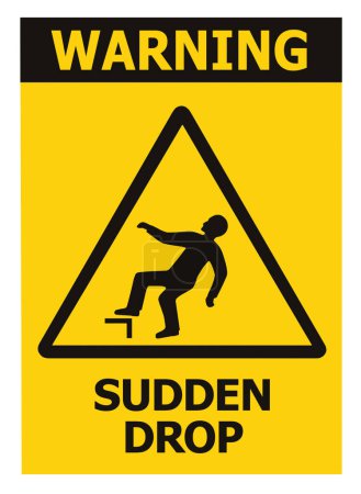 Téléchargez les photos : Sudden Drop Danger Warning Text Sign Icon Label, Black Triangle Over Yellow, Isolated Triangular Falling Injury Hazard Risk Caution Occupational Safety And Health Sticker Signage OSHA Concept, Large Detailed Vertical Macro Closeup, White Background - en image libre de droit