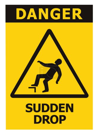 Téléchargez les photos : Sudden Drop Danger Warning Text Sign Icon Label, Black Triangle Over Yellow, Isolated Triangular Falling Injury Hazard Risk Caution Occupational Safety And Health Sticker Signage OSHA Concept, Large Detailed Vertical Macro Closeup, White Background - en image libre de droit