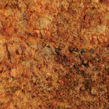 Photo for Raw pegmatite feldspar igneous rock terracotta pattern, rusty orange red golden amber yellow vertical background, coarse light crystals  texture, large detailed bright textured minerals macro closeup, dark quartz common brown mica group phlogopite - Royalty Free Image
