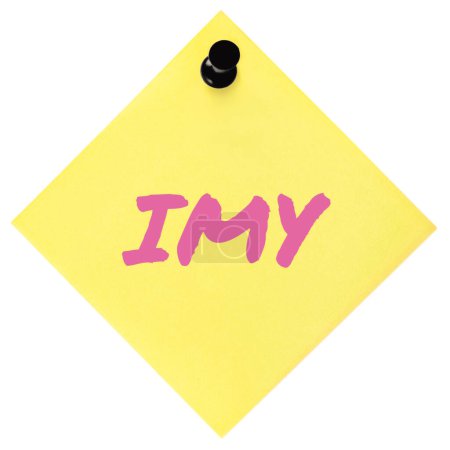 Photo for I miss you texting acronym IMY, wistful longing textspeak text concept, pink marker romance crush slang message metaphor, isolated yellow adhesive post-it sticky note abbreviation sticker, black pushpin thumbtack, large detailed macro closeup - Royalty Free Image
