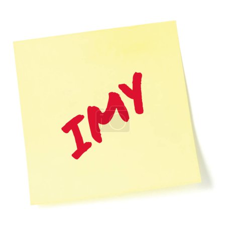 Photo for I miss you texting acronym IMY, wistful longing textspeak text concept, red marker romance crush slang message metaphor, isolated yellow adhesive post-it sticky note abbreviation sticker, large detailed macro closeup - Royalty Free Image