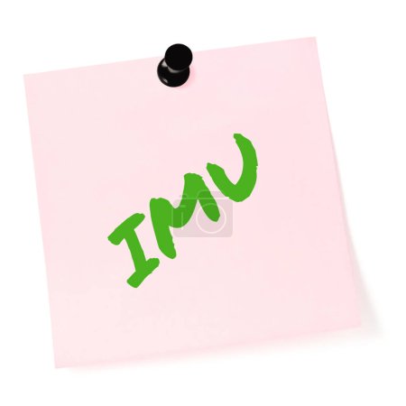 Photo for I miss you texting acronym IMU, wistful longing textspeak text concept, neon green marker romance crush slang message metaphor, isolated pink adhesive post-it sticky note abbreviation sticker, black pushpin thumbtack large detailed macro closeup - Royalty Free Image