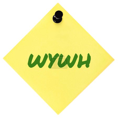 Photo for Wish you were here texting acronym WYWH, wistful longing textspeak text concept, green marker romance crush slang message metaphor, isolated yellow adhesive post-it sticky note abbreviation sticker black pushpin thumbtack large detailed macro closeup - Royalty Free Image