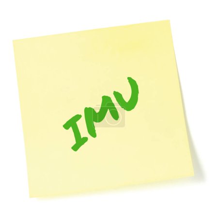 Photo for I miss you texting acronym IMU, wistful longing textspeak text concept, neon green marker romance crush slang message metaphor, isolated yellow adhesive post-it sticky note abbreviation sticker, large detailed macro closeup - Royalty Free Image