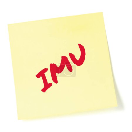 Photo for I miss you texting acronym IMU, wistful longing textspeak text concept, red marker romance crush slang message metaphor, isolated yellow adhesive post-it sticky note abbreviation sticker, large detailed macro closeup - Royalty Free Image
