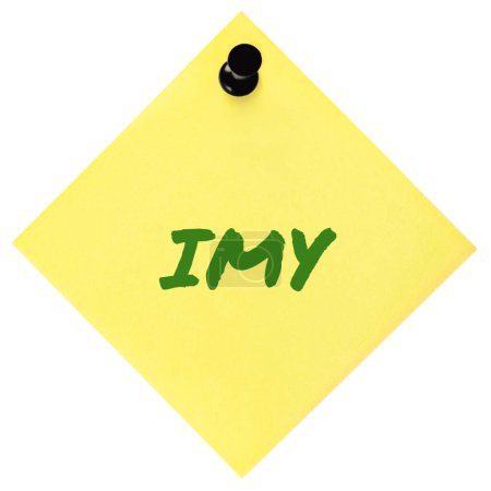Photo for I miss you texting acronym IMY, wistful longing textspeak text concept, green marker romance crush slang message metaphor, isolated yellow adhesive post-it sticky note abbreviation sticker, black pushpin thumbtack large detailed macro closeup - Royalty Free Image