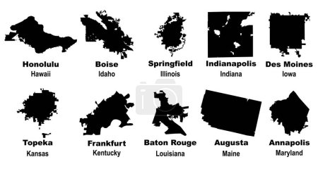 Téléchargez les illustrations : Illustration vectorielle modifiable en couches des contours cartographiques de dix capitales étatiques américaines - en licence libre de droit
