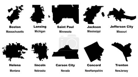 Ilustración de Ilustración vectorial editable en capas de los contornos de mapas de diez capitales estatales de Estados Unidos - Imagen libre de derechos