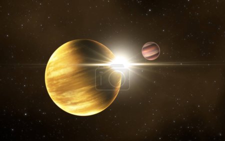 Foto de Planeta gigante de gas extrasolar con luna de gas extrasolar, exómeno en el espacio profundo. ilustración 3d - Imagen libre de derechos
