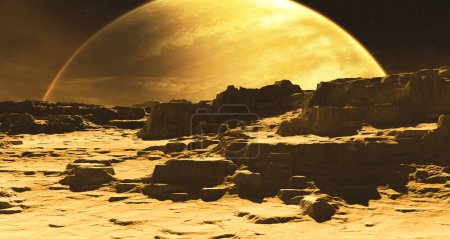 Foto de Planeta gigante de gas extrasolar con luna extrasolar, exómeno en el espacio profundo. ilustración 3d - Imagen libre de derechos