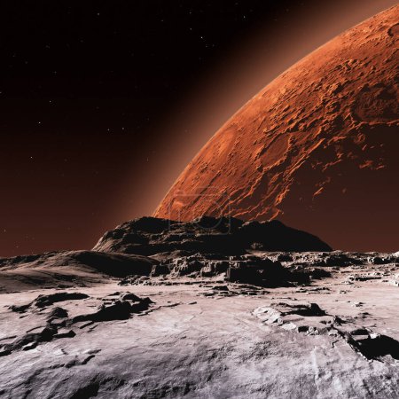 Téléchargez les photos : Mars vue de la surface lunaire de phobos, illustration 3D - en image libre de droit