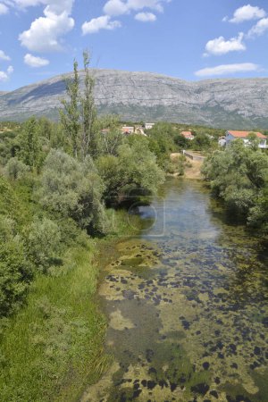 Vue depuis le pont Balecki sur la Cetina avec la montagne Dinara au loin