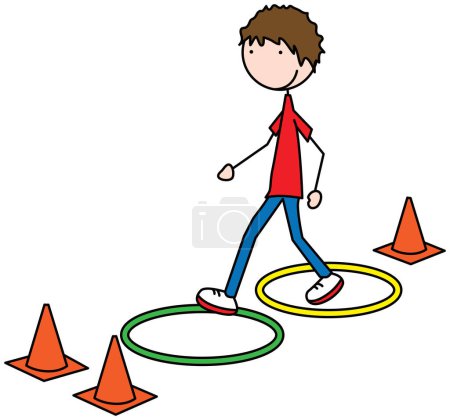 Cartoon illustration of a happy boy walking through obstacle course