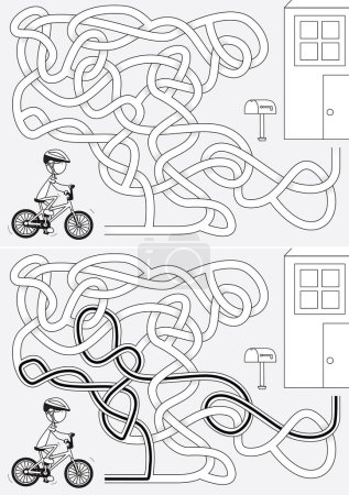 Téléchargez les illustrations : Labyrinthe de vélo enfant heureux pour les enfants avec une solution en noir et blanc - en licence libre de droit
