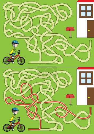 Téléchargez les illustrations : Happy kid équitation labyrinthe de vélo pour les enfants avec une solution - en licence libre de droit