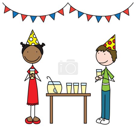 Téléchargez les illustrations : Illustration de bande dessinée d'une fille et d'un garçon à une fête debout à côté d'une table avec du jus et de la boisson - en licence libre de droit