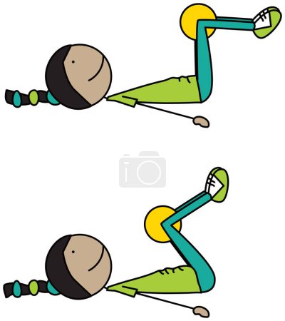Illustration for Cartoon vector illustration of a girl exercising - reverse crunch with medicine ball between knees - Royalty Free Image