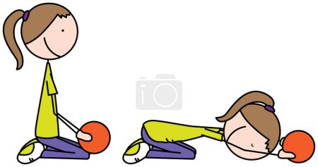 Ilustración de Ilustración vectorial de dibujos animados de una niña haciendo ejercicio - los niños posan con una pelota de medicina - Imagen libre de derechos