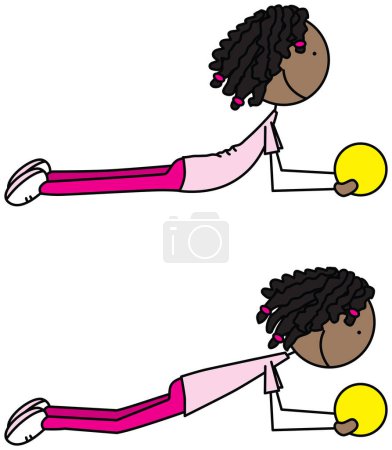Cartoon vector illustration of a girl exercising - forarm plank with medicine ball