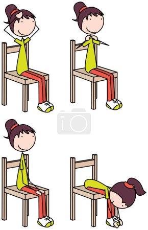 Cartoon vector illustration of a girl exercising - touching head, shoulders, knees and toes sitting on a chair