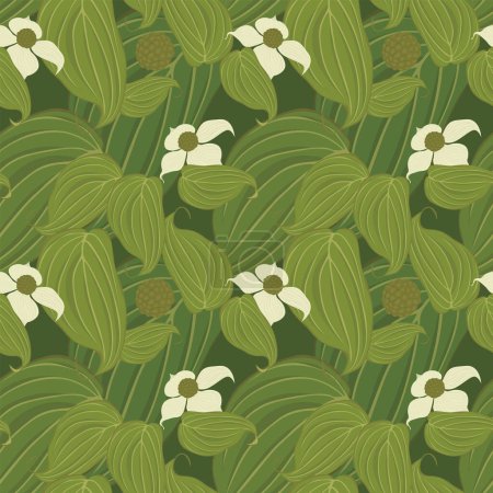 Seamless pattern illustration made of flowering dogwood flowers and leaves
