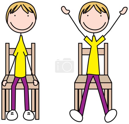 Ilustración vectorial de dibujos animados de un niño haciendo ejercicio - gatos de salto sentados