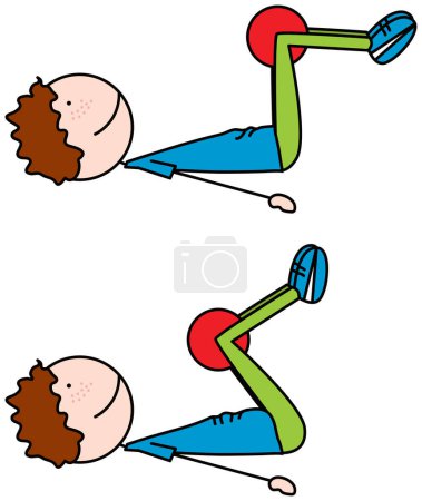 Téléchargez les illustrations : Illustration vectorielle de bande dessinée d'un garçon faisant de l'exercice - craquement inversé avec médecine-ball entre les genoux - en licence libre de droit