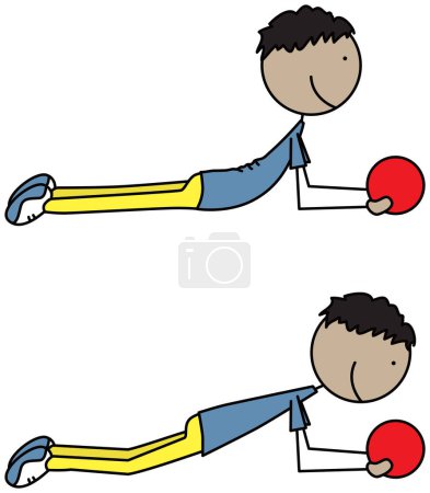 Ilustración vectorial de dibujos animados de una niña haciendo ejercicio - forarm tablón con bola de medicina