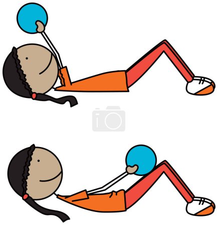 Téléchargez les illustrations : Illustration vectorielle de dessin animé d'une fille faisant de l'exercice - craquements de pullover avec Medicine Ball - en licence libre de droit